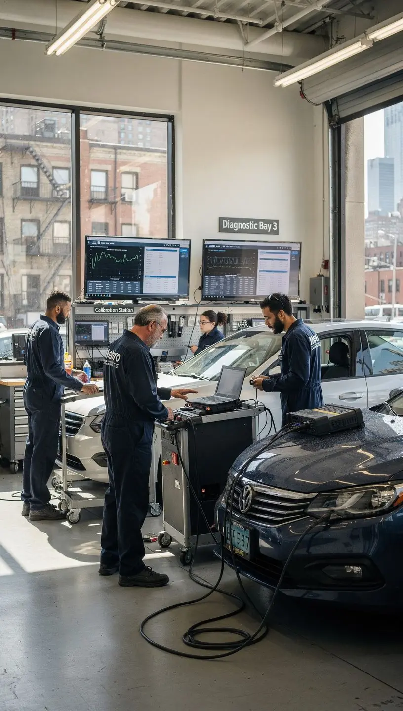 Exterior view of a modern New York diagnostic center specializing in emissions and computer-based vehicle inspections.